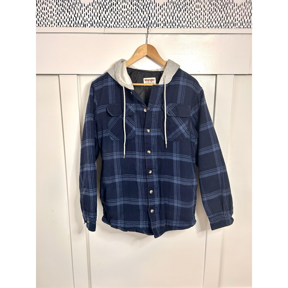 Wrangler Blue Gray Plaid Flannel Hooded Button-Up Men's Long Sleeve Shirt